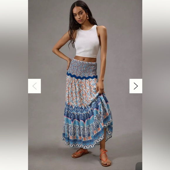 FARM Rio Dresses & Skirts - Farm Rio x Anthropologie Blue Ruffled Printed Tapestry Maxi Skirt